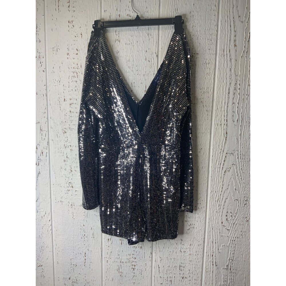 Black & Silver Sequin Long Sleeve Deep V-Neck Romper Womens med - Picture 3 of 10